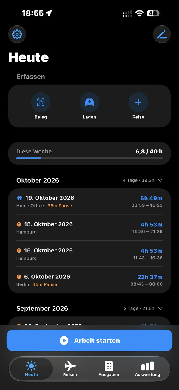 Tab Heute: Erfassen, Wochenstunden und Arbeitszeiten im Oktober